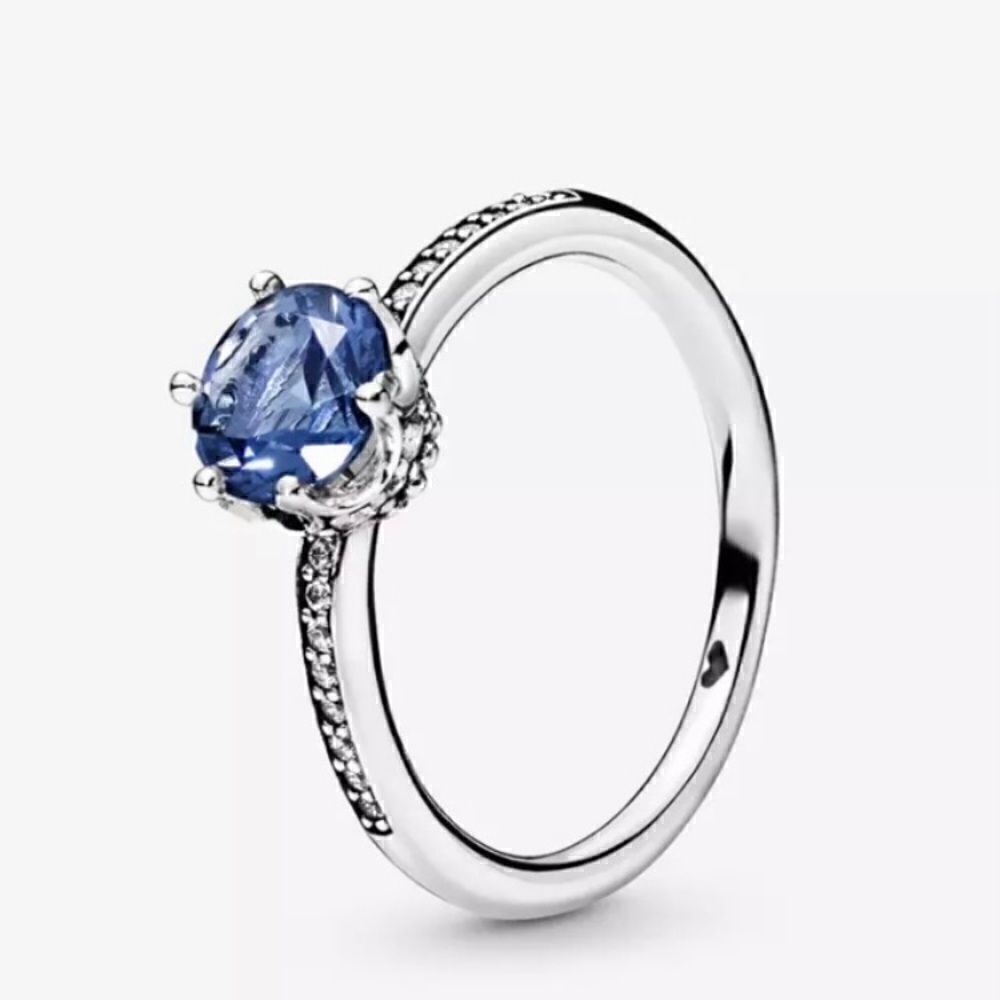 925 Sterling Silver Blue Crown Set Solitaire CZ Ring